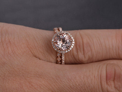 8mm Round Cut Morganite Engagement Ring Set 2pcs 14K Rose Gold Diamond Halo | Full Eternity Art Deco Band