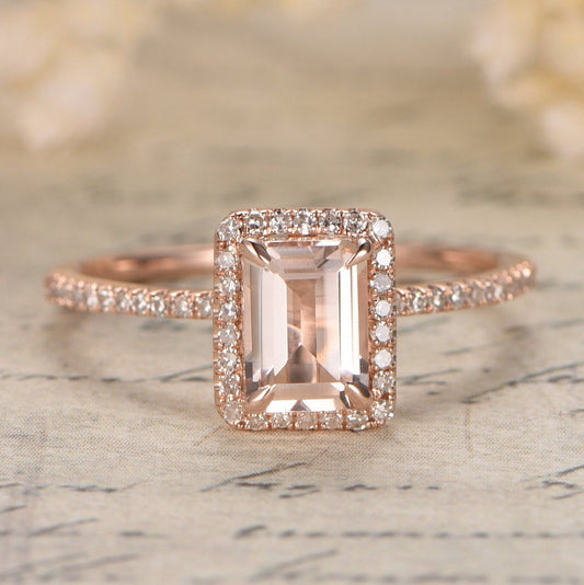 Bague de fiançailles en or rose et morganite pour femme, bague en morganite, alliance en or 14 carats et diamants, bague solitaire taille émeraude 5x7 mm, bagues en morganite