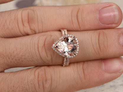 Ensemble de bagues de fiançailles en or rose et morganite, bague en morganite rose, alliance en diamant, demi-alliance, ensemble de bagues de mariage, ensemble de 2 bagues de mariée