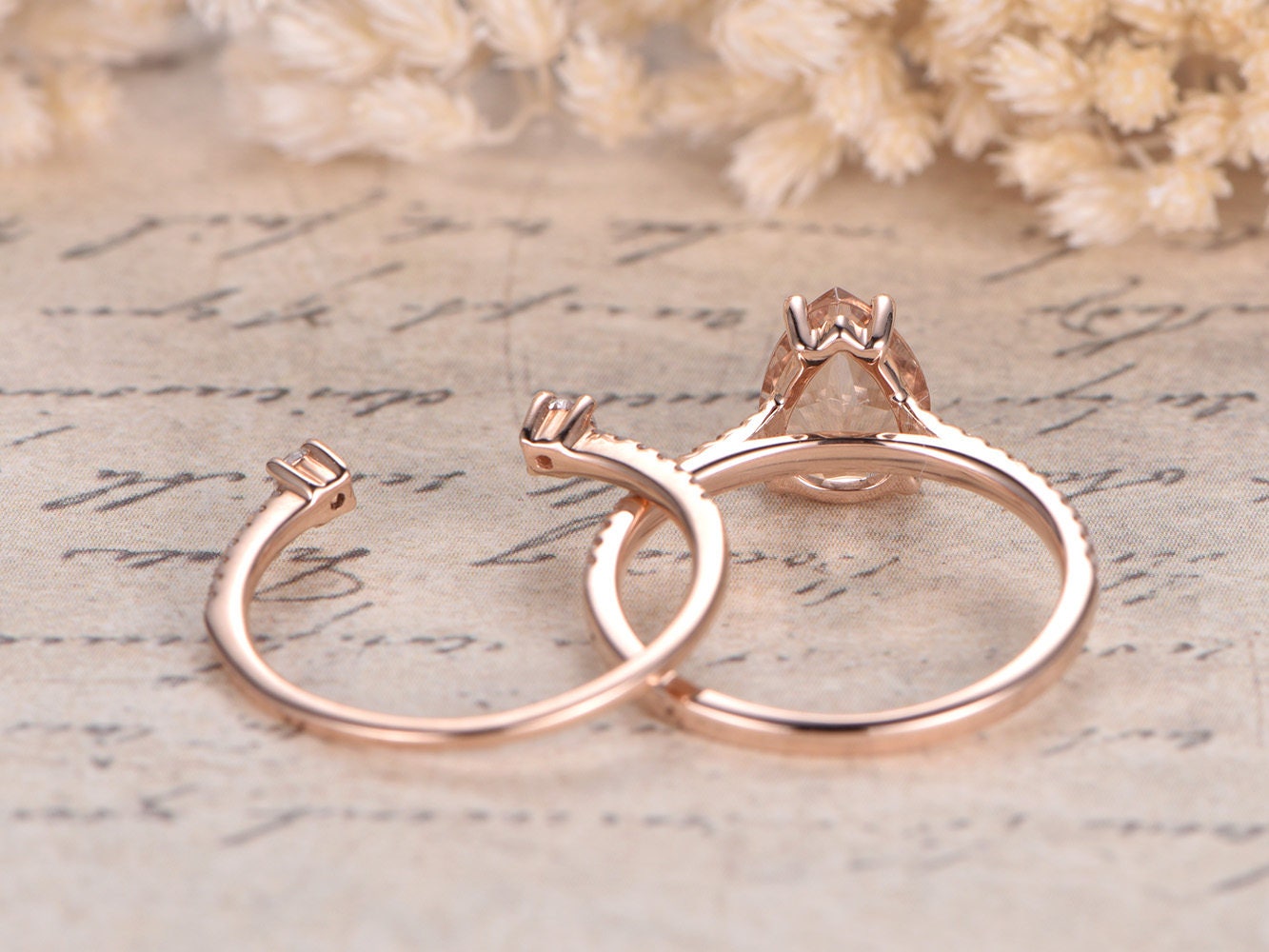 6x8mm-pear-cut-morganite-engagement-ring-set-2pcs-14k-rose-gold-pave-diamond-band-opening-6mm-matching-band