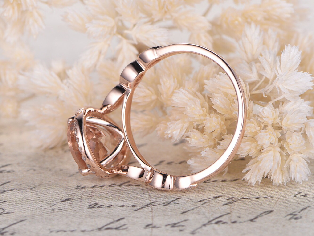 Bague de fiançailles en morganite taille poire, alliance style Art déco antique, pierre précieuse 8x12mm, bague de promesse, bague halo diamant, bague de mariée en or rose 14 carats