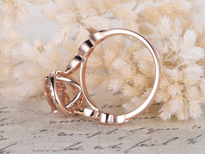 Bague de fiançailles en morganite taille poire, alliance style Art déco antique, pierre précieuse 8x12mm, bague de promesse, bague halo diamant, bague de mariée en or rose 14 carats