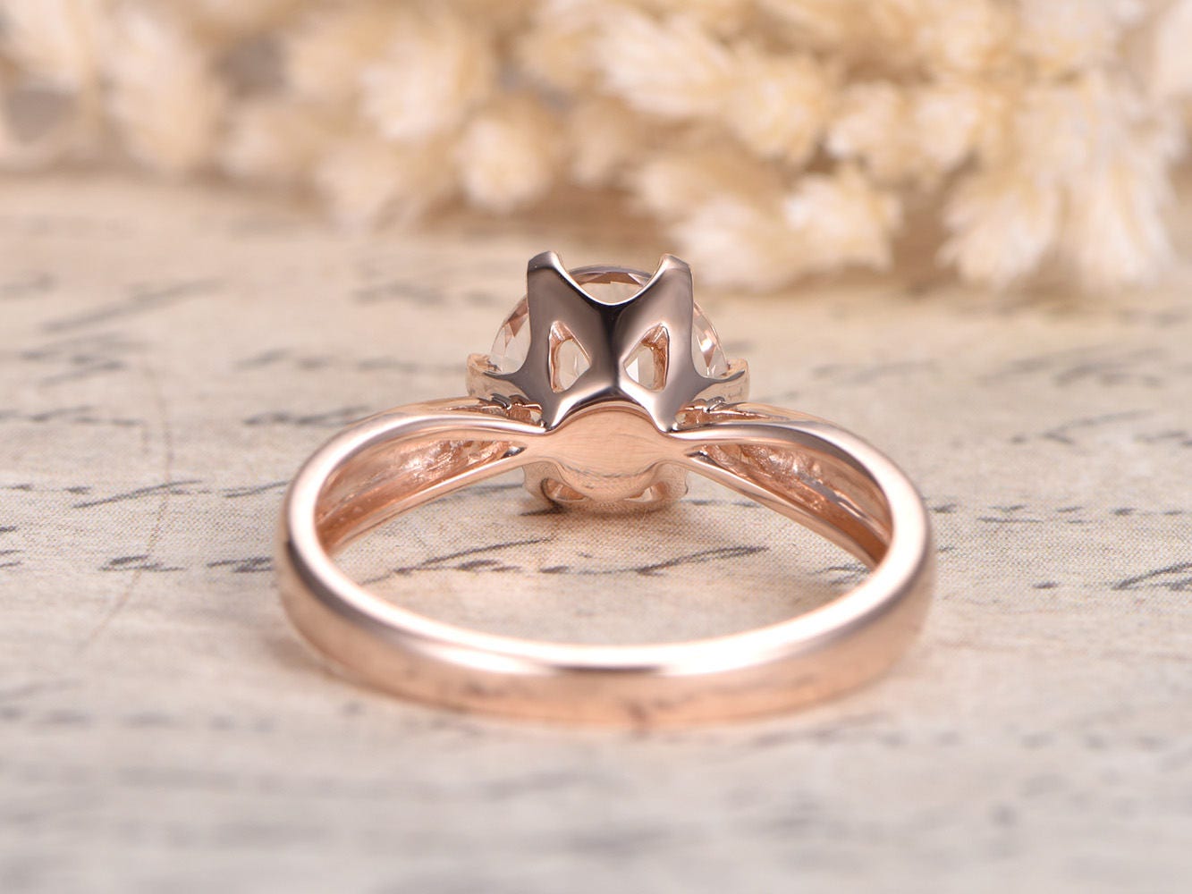 Bague en morganite ronde, or rose, bague de fiançailles en morganite, bague solitaire en morganite, alliance en morganite, or rose massif 14 carats, 6 griffes