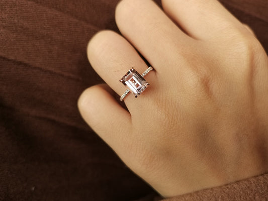 Bague de fiançailles en or rose 14 carats avec morganite et diamants pavés (taille émeraude 7x9mm). Alliance en diamants, style vintage, solitaire.