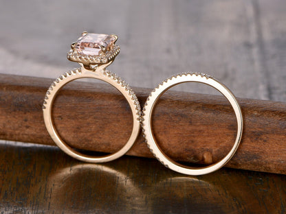 Bague en morganite taille émeraude 6x8 mm, ensemble de 2 alliances, alliance en diamant, ensemble de bagues de mariée en or jaune 14 carats
