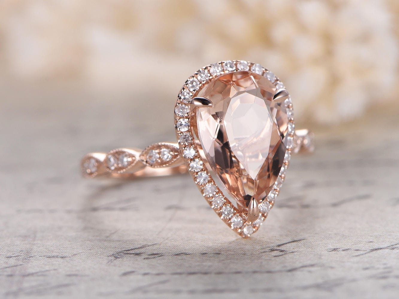 Bague de fiançailles en morganite taille poire, alliance style Art déco antique, pierre précieuse 8x12mm, bague de promesse, bague halo diamant, bague de mariée en or rose 14 carats