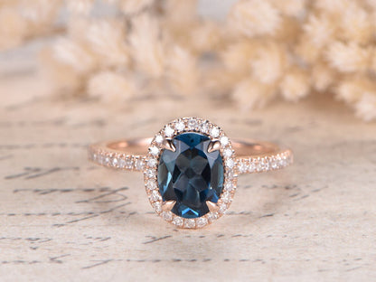 6x8mm Oval London Blue Topaz Engagement Ring Solid 14K Rose Gold Diamond Claw Prong Set