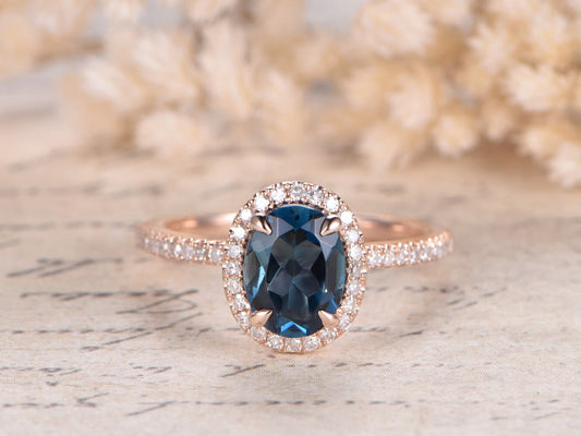 6x8mm Oval London Blue Topaz Engagement Ring Solid 14K Rose Gold Diamond Claw Prong Set