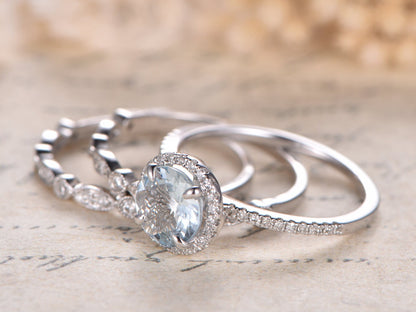 Ensemble de bague de fiançailles en aigue-marine, alliance en or blanc 14 carats avec diamants et halo, bague solitaire en aigue-marine 7 mm, ensemble de bagues de mariée décoratives (3 pièces).