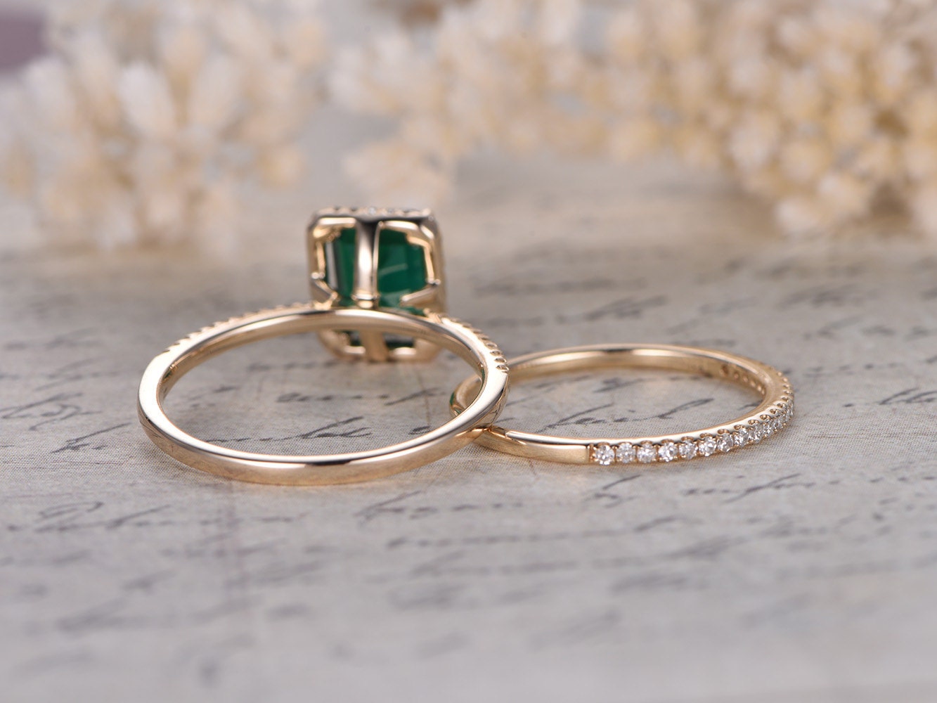 6x8mm-emerald-cut-emerald-engagement-ring-set-2pcs-14k-yellow-gold-diamond-halo-half-eternity-thin-matching-band