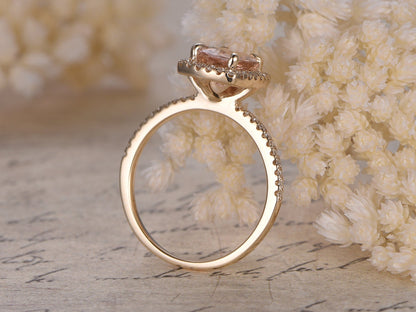 Bague de fiançailles en or jaune 14 carats avec morganite rose, bague de mariage avec diamants, pierre ovale 6x8mm, halo coussin, anneau pour femme