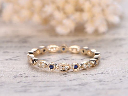 sapphire-wedding-band-14k-yellow-gold-full-eternity-band-bezel-diamond-milgrain-band-art-deco