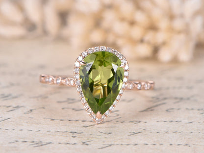 8x12mm Pear Cut Peridot Engagement Ring 14K Rose Gold Diamond Halo Art Deco Band