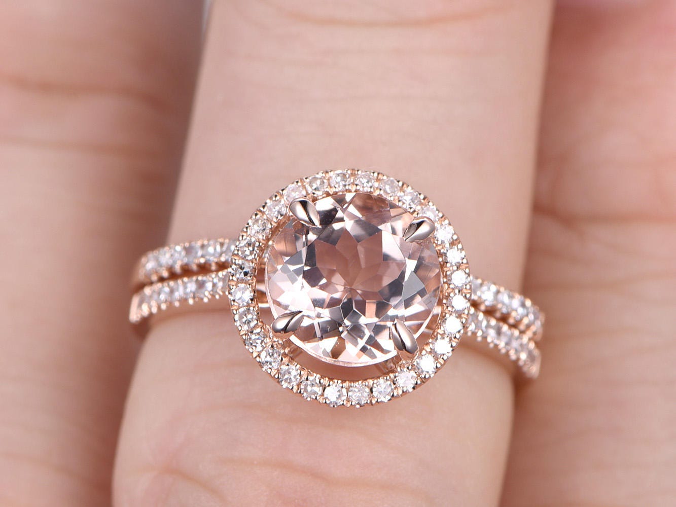 8mm-round-cut-morganite-engagement-ring-set-2pcs-14k-rose-gold-diamond-halo-design-curved-band-half-eternity