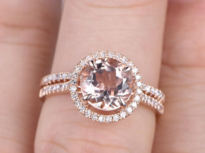 8mm-round-cut-morganite-engagement-ring-set-2pcs-14k-rose-gold-diamond-halo-design-curved-band-half-eternity
