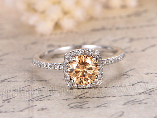Bague de fiançailles en moissanite taille coussin et halo rond, 6,5 mm, couleur champagne, sertie de diamants, alliance en or blanc 14 carats, style vintage.