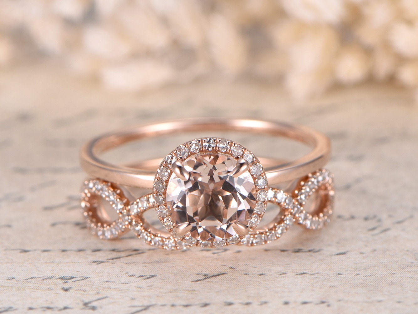 7mm-round-cut-morganite-engagement-ring-set-2pcs-14k-rose-gold-diamond-halo-twist-matching-band
