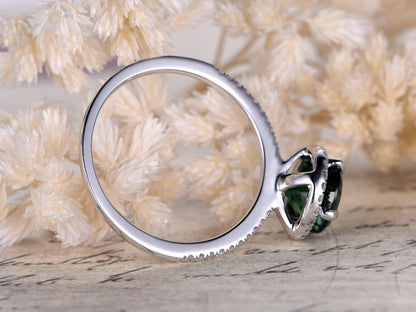 7mm Round Cut Green Tourmaline Engagement Ring 14K White Gold Diamond Halo Half Eternity