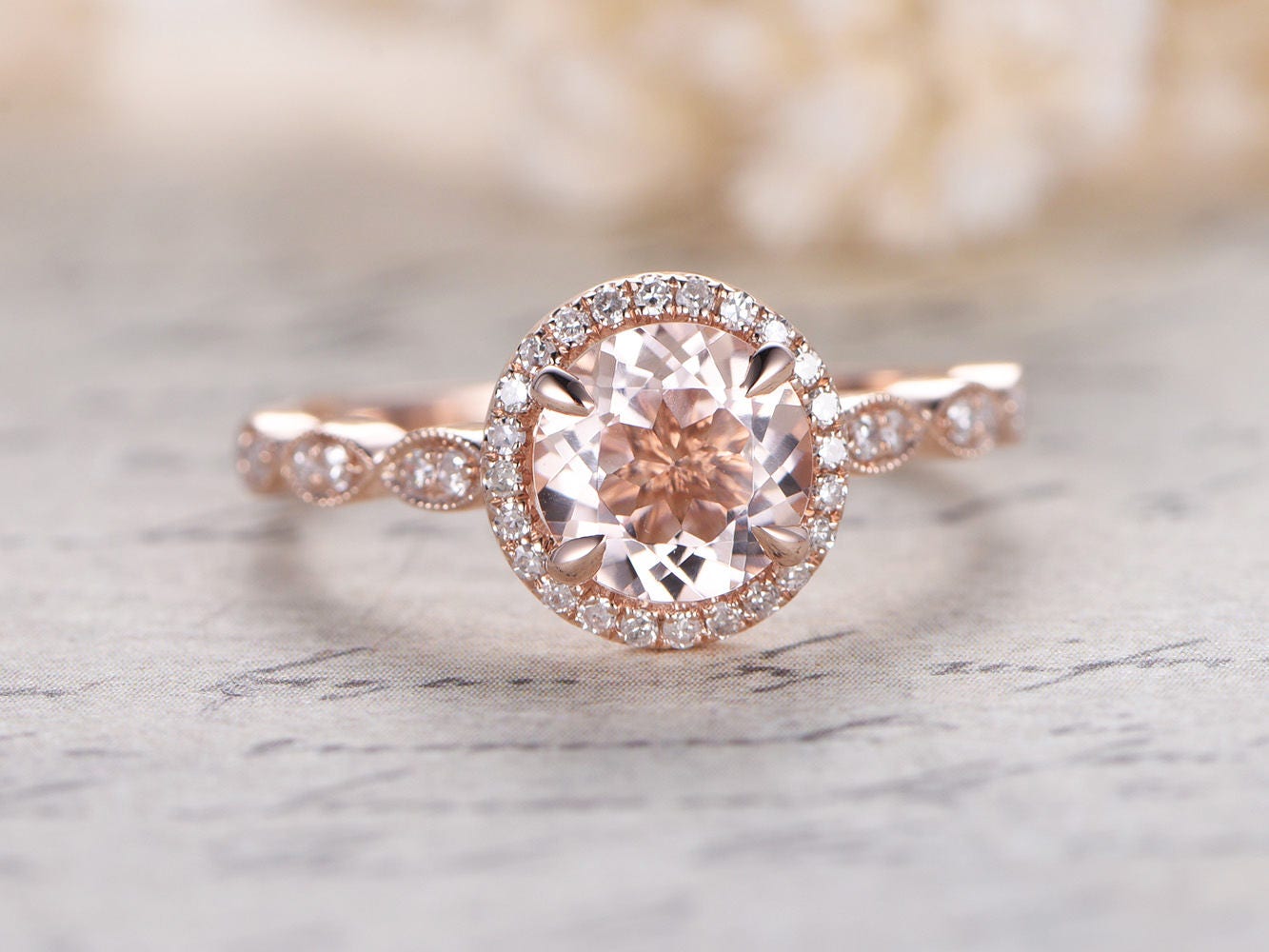 Bague en or rose 14 carats avec morganite rose de 7 mm, alliance sertie de diamants pavés et bague de promesse avec diamant marquise.