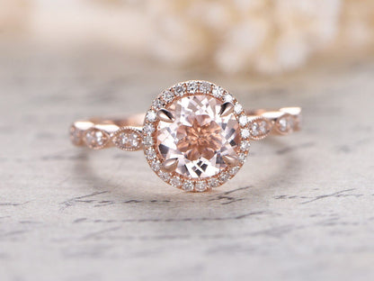Bague en or rose 14 carats avec morganite rose de 7 mm, alliance sertie de diamants pavés et bague de promesse avec diamant marquise.