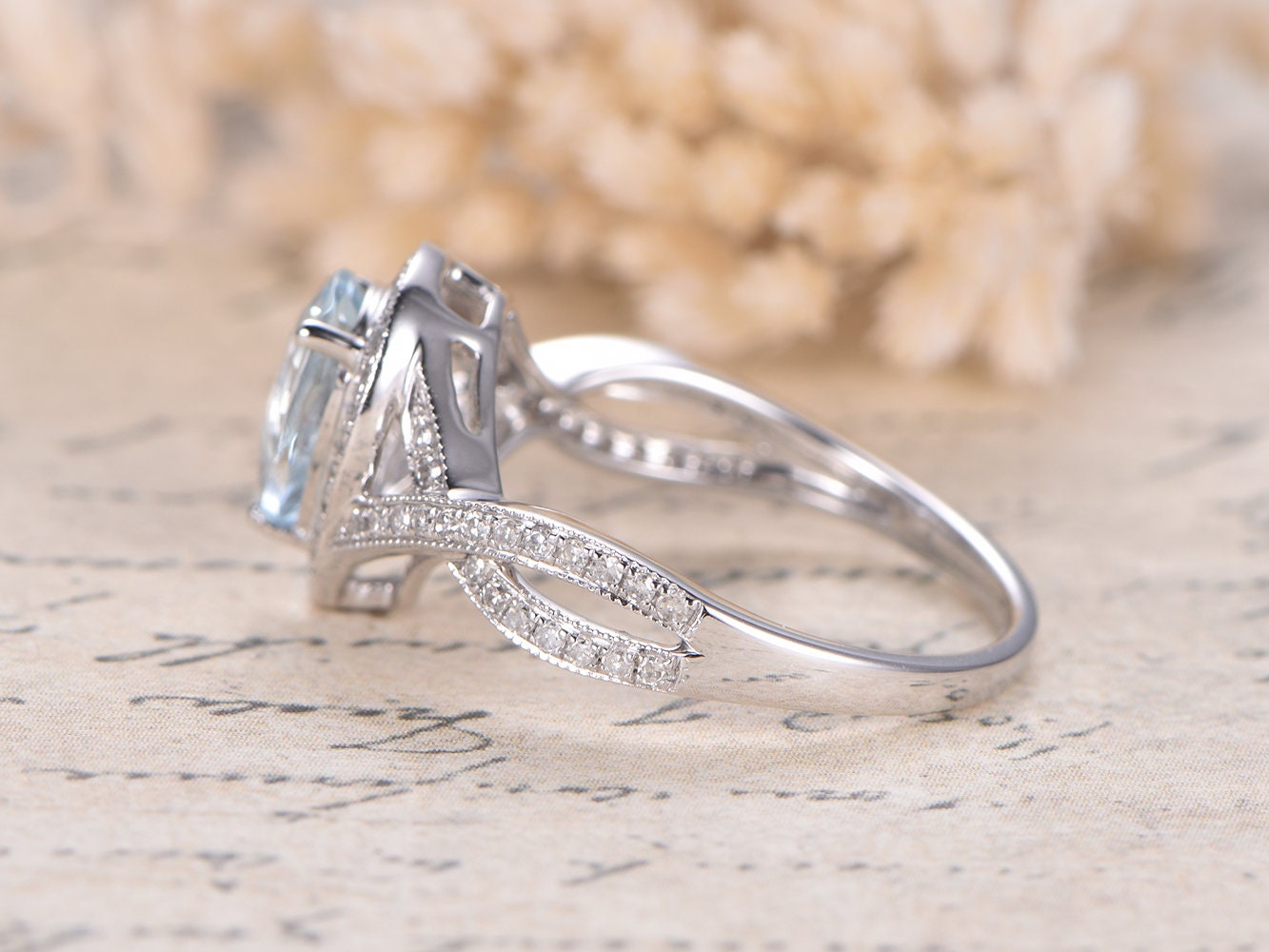 Bague en or blanc 14 carats avec aigue-marine, bague de fiançailles et alliance en diamant, anneau fendu, bague en diamant, aigue-marine décorative 6x8 mm