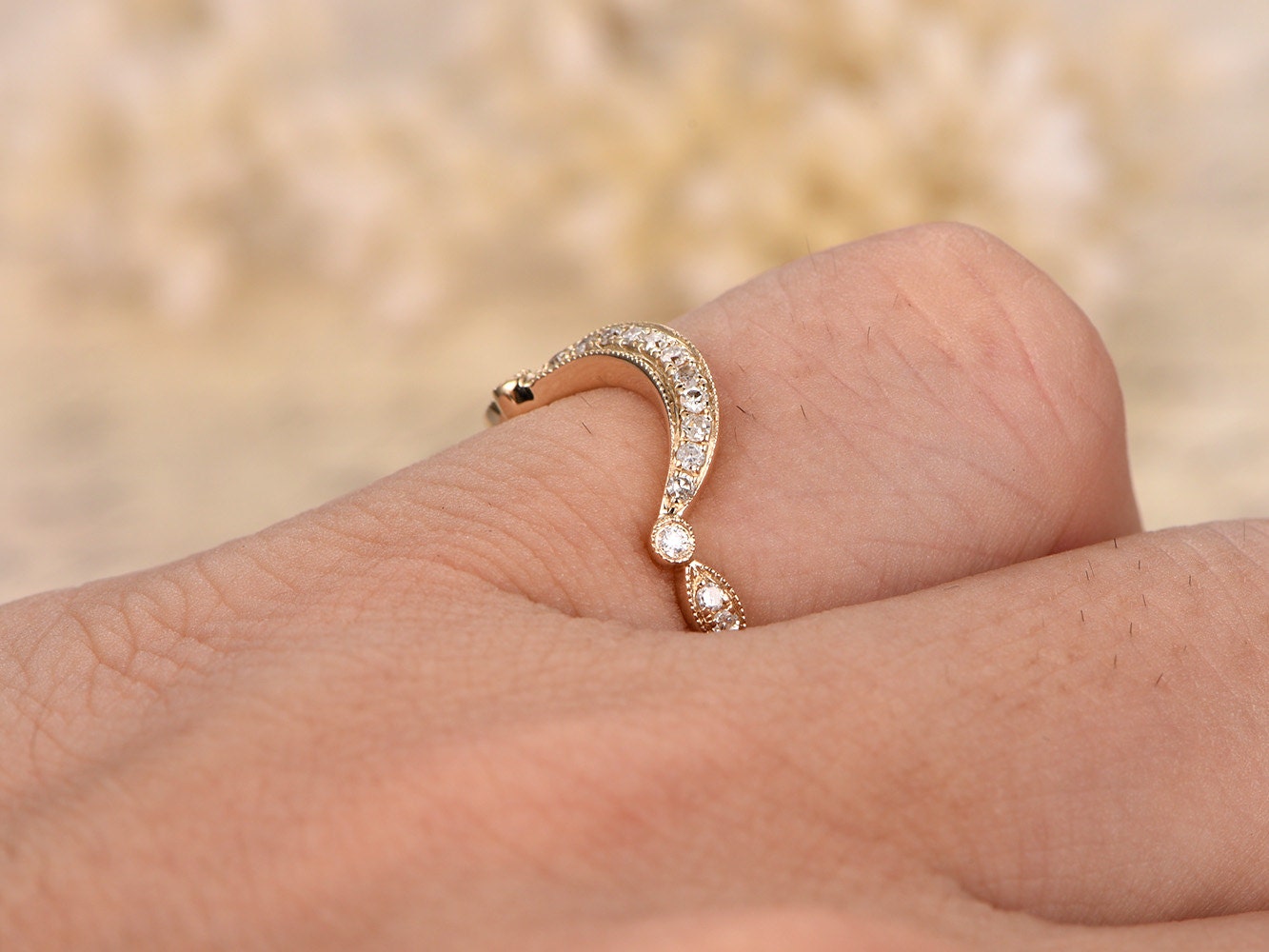 Alliance incurvée en diamant, demi-alliance, bague d'anniversaire, bague en forme de marquise et de cercle, style Art déco, or jaune 14 carats, alliance assortie, bague sur mesure