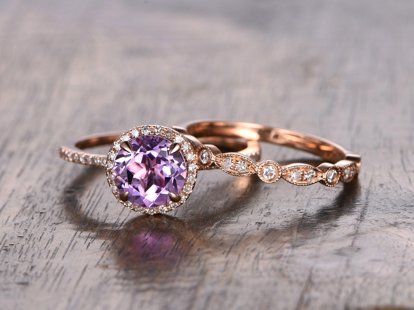 6.5mm Round Cut Amethyst Engagement Ring Set 2pcs Halo Diamond 14K Rose Gold Half Eternity