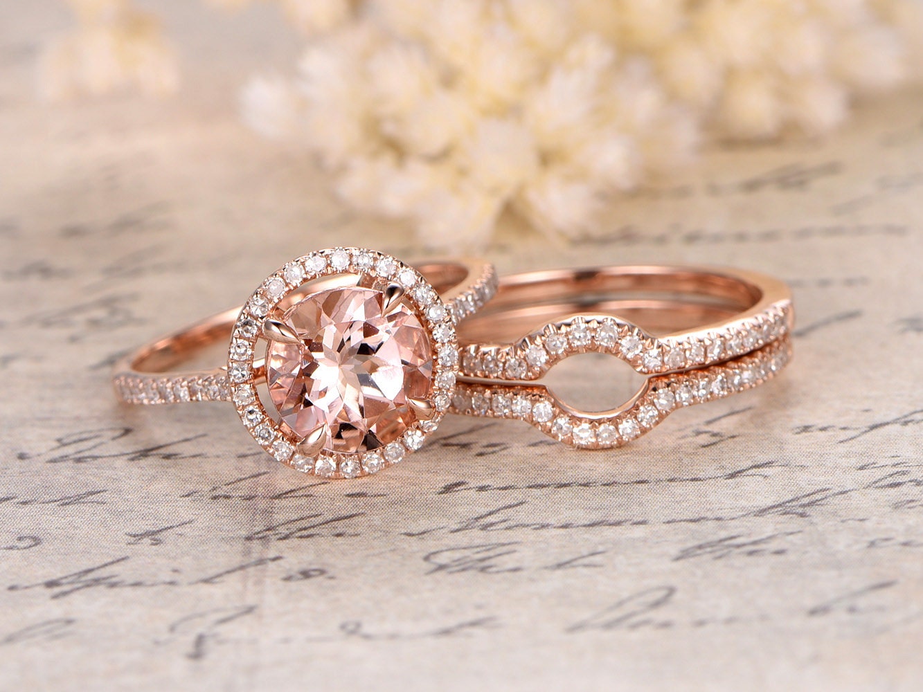 8mm Round Cut Morganite Engagement Ring Set 3pcs 14K Rose Gold Diamond Halo | Two Curved Matching Band