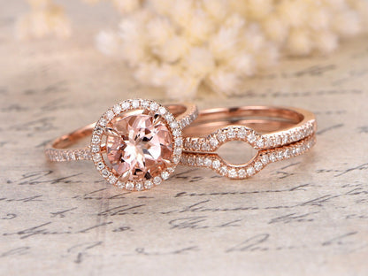8mm Round Cut Morganite Engagement Ring Set 3pcs 14K Rose Gold Diamond Halo | Two Curved Matching Band