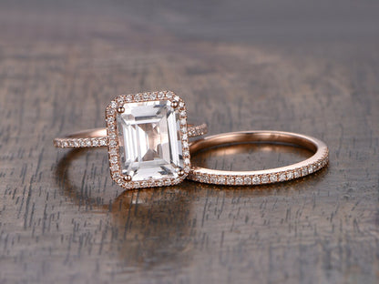 8x10mm Emerald Cut White Topaz Engagement Ring Set 2pcs 14K Rose Gold Diamond Halo | Thin Matching Band