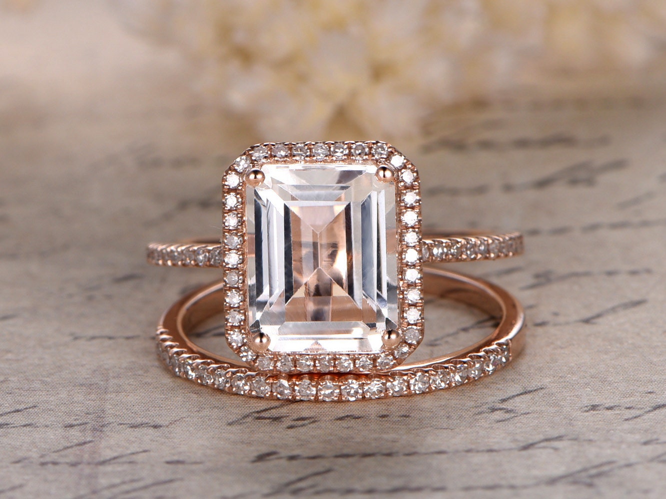 8x10mm Emerald Cut White Topaz Engagement Ring Set 2pcs 14K Rose Gold Diamond Halo | Thin Matching Band
