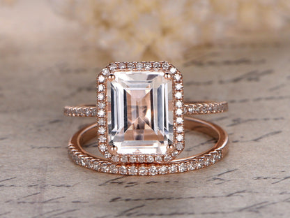 8x10mm Emerald Cut White Topaz Engagement Ring Set 2pcs 14K Rose Gold Diamond Halo | Thin Matching Band