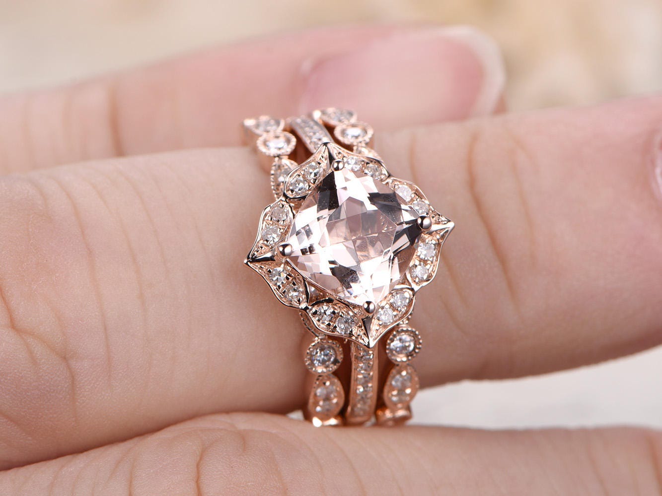 6.5mm-cushion-cut-morganite-engagement-ring-set-3pcs-14k-rose-gold-two-diamond-art-deco-matching-bands