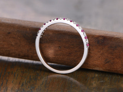 Alliance demi-éternité en rubis, bague de fiançailles en rubis, alliance pavée de rubis et de diamants, bague de mariage en or blanc 14 carats