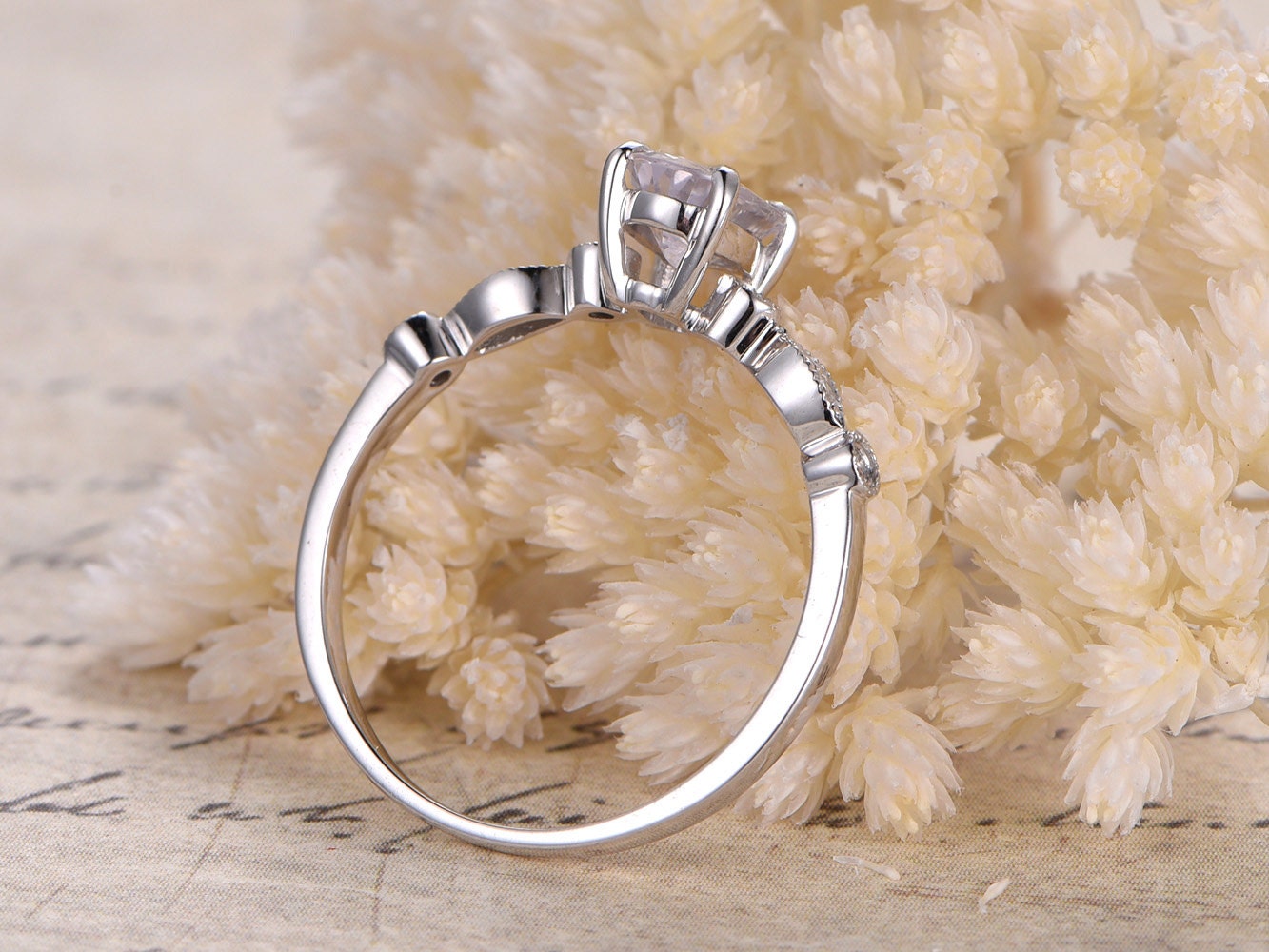 5x7mm Oval Cut White Sapphire Engagement Ring 14K White Gold Diamond Art Deco Band