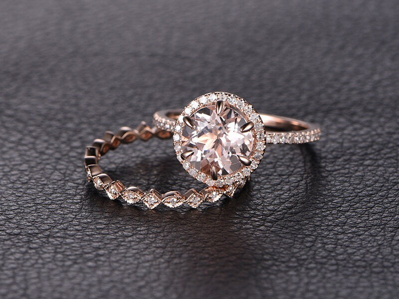 8mm Round Cut Morganite Engagement Ring Set 2pcs 14K Rose Gold Diamond Halo | Full Eternity Art Deco Band