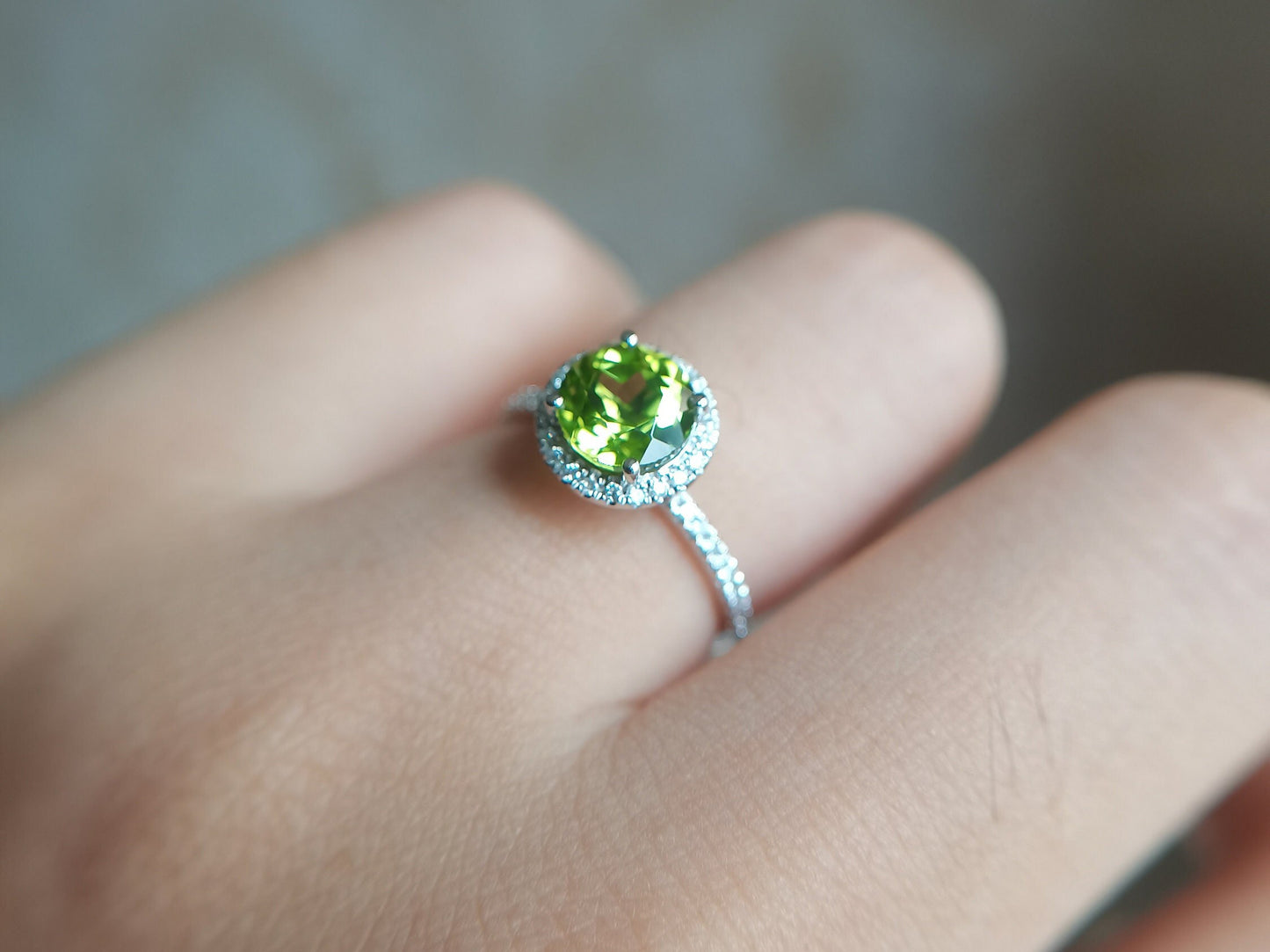 7mm Round Cut Peridot Engagement Ring 14K White Gold Diamond Halo Half Eternity Design