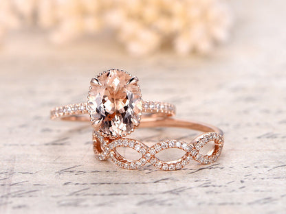Bague de fiançailles en morganite ovale 9x11 mm, bague en morganite rose, alliance, anneau en or rose 14 carats serti de diamants, ensemble de 2 bagues, anneau fendu