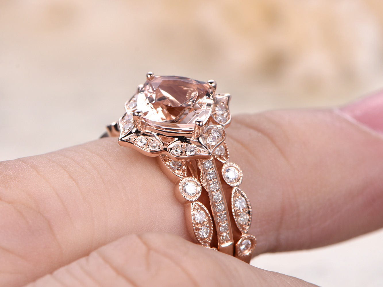 6.5mm-cushion-cut-morganite-engagement-ring-set-3pcs-14k-rose-gold-two-diamond-art-deco-matching-bands