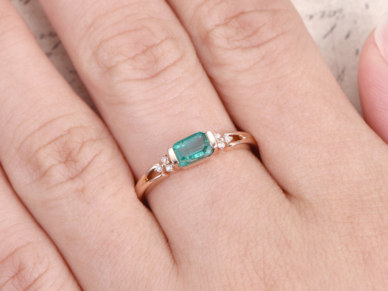 3.5mm-x-5.5mm-emerald-cut-natural-emerald-engagement-ring-14k-rose-gold-plain-band-diamond-accent