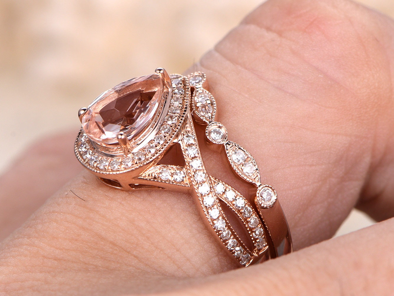 6x8mm Pear Cut Morganite Engagement Ring Set 2pcs 14K Rose Gold Split Shank Diamond Halo | Curved Art Deco Band