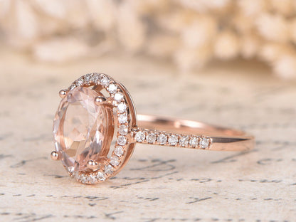 7x9mm Oval Cut Morganite Engagement Ring Vintage 14K Rose Gold Pave Set Diamond Halo