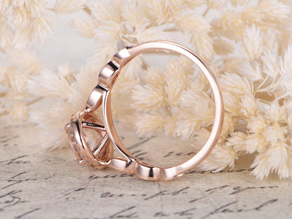 Bague en or rose 14 carats avec morganite rose de 7 mm, alliance sertie de diamants pavés et bague de promesse avec diamant marquise.