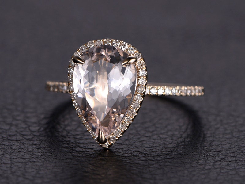 Bague de fiançailles vintage en morganite, or rose, forme poire, alliance ancienne avec halo de diamants, style Art déco, demi-alliance, bague d'anniversaire