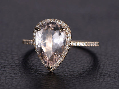Bague de fiançailles vintage en morganite, or rose, forme poire, alliance ancienne avec halo de diamants, style Art déco, demi-alliance, bague d'anniversaire