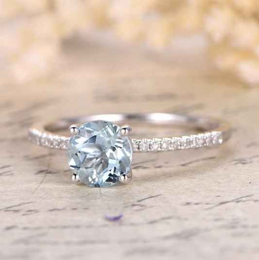 Bague solitaire en or blanc 14 carats avec aigue-marine de 1 carat, demi-alliance sertie de diamants, aigue-marine ronde de 6,5 mm, bague de fiançailles, pierre de naissance de mars, bague de mariage