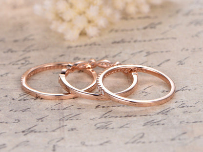 Diamond Wedding Band Set 3pcs 14k Rose Gold | Two Thin Band | One Art Deco Band