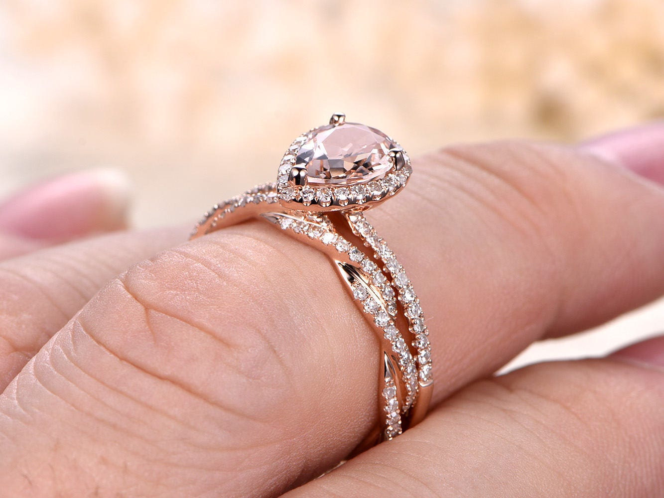 6x8mm-pear-cut-morganite-engagement-ring-set-2pcs-solid-14k-rose-gold-diamond-deco-split-shank-band