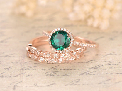 7mm-round-cut-emerald-engagement-ring-set-3pcs-14k-rose-gold-diamond-halo-2-art-deco-bands