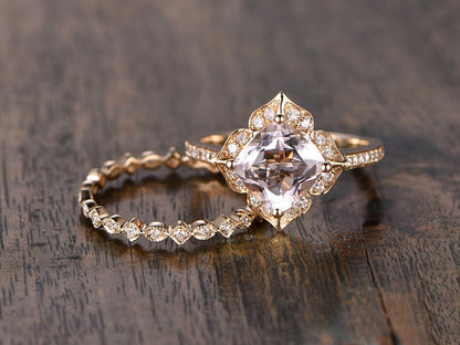 8mm Cushion Cut Moganite Engagement Ring Set 2pcs 14K Yellow Gold Diamond Halo | Art Deco Full Eternity Matching Band